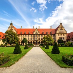 Fototapeta premium Grand European castle, sprawling grounds