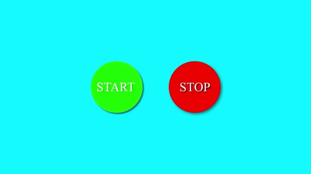 Simple push button design in green colors with a blinking word 'Start on cyan background '. 4k animation 