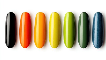 Row of colorful nail polish samples, various shades from black to dark teal