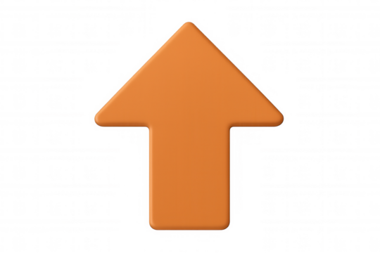 Bright orange 3d arrow pointing upward, symbolizing growth, success, progress against transparent backdrop