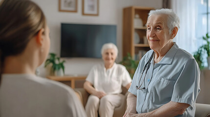 Fototapeta premium Intergenerational Activity: Teen neighbor assisting elderly couple with smart TV setup