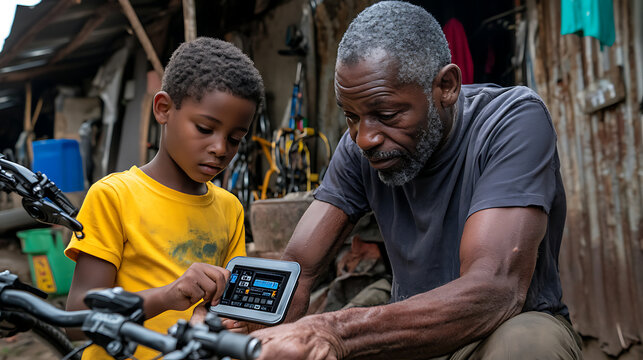 Intergenerational Activity: Senior man teaching kid to repair bicycle with digital manual