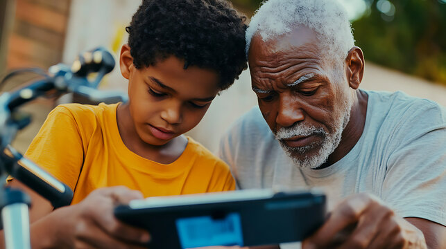 Intergenerational Activity: Senior man teaching kid to repair bicycle with digital manual