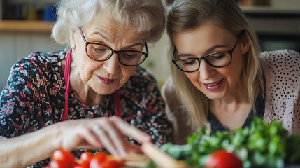 Intergenerational Activity: Senior lady learning to order groceries online with granddaughter