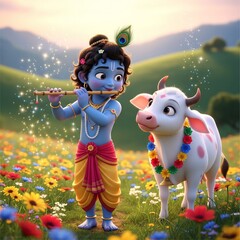 Fototapeta premium Krishna Walking with Calf in Fields