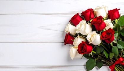 A beautiful bouquet of red and white roses displayed on a clean white wood surface for romantic