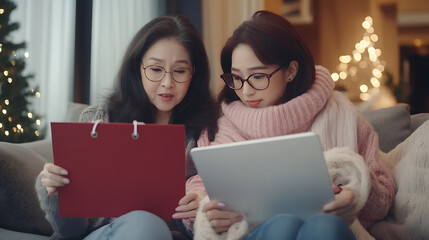 Intergenerational Activity: Senior lady learning to order groceries online with granddaughter
