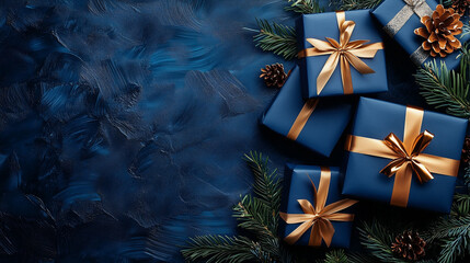 An elegant Christmas background with blue gift boxes and fir branches on a dark surface, a festive top-down concept perfect for holiday greetings