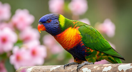 A vibrant rainbow lorikeet perched on a branch amidst a soft floral backdrop, showcasing its iridescent plumage and adding a touch of exotic beauty to a serene outdoor setting