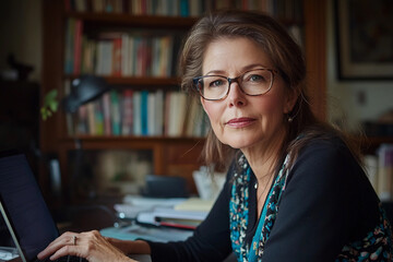 Generative AI portrait of focused author writer working with manuscript pages retro typewriter and laptop