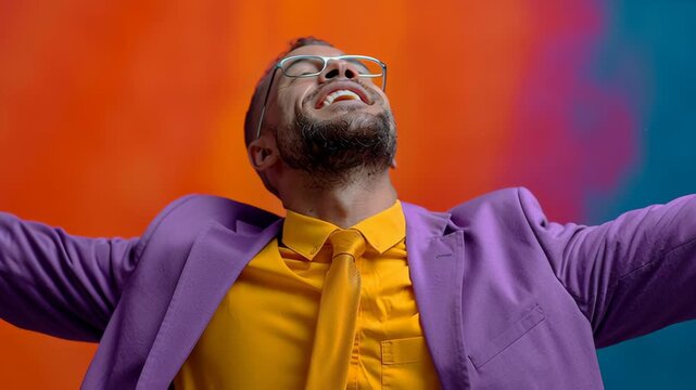 Man in vibrant purple suit and yellow shirt joyfully celebrates with arms raised, showcasing a dynamic expression of happiness against a colorful backdrop, capturing the essence of exuberance and posi