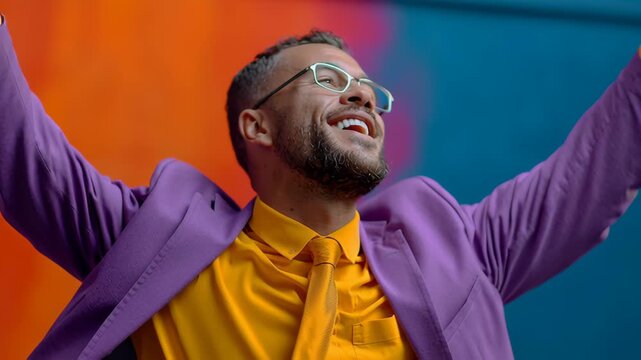 Man in vibrant purple suit and yellow shirt joyfully celebrates with arms raised, showcasing a dynamic expression against a colorful backdrop, capturing the essence of happiness and exuberance in moti
