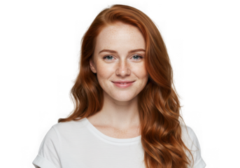 Smiling young woman with long wavy red hair and freckles
