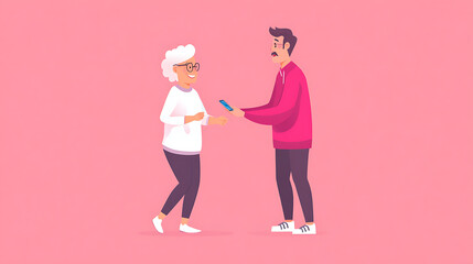 Intergenerational Activity: Caregiver teaching elderly man to use voice - controlled devices