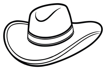 Detailed line art portrays a white cowboy hat with a dark band in monochrome
