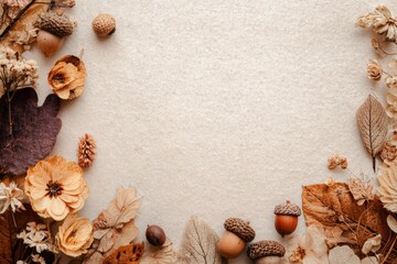 Fototapeta premium A flat lay of autumn leaves, acorns, and dried flowers arranged around the border of a light brown textured background.
