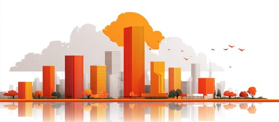 Stylized cityscape reflected in water, orange and grey tones, clouds, birds, autumnal trees