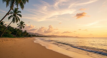 Tropical Beach at Sunset with Palm Trees and Golden Light