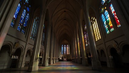 Majestic Church Interior with Stained Glass Windows and Architectural Grandeur Creating a Spiritual and Serene Atmosphere Filled with Colorful Light Reflections