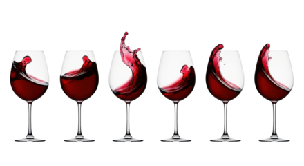 Seven elegant, clear glass wine goblets with rich ruby-red wine in dynamic motion, displaying swirls, splashes, and waves, precisely arranged on a transparent background with no shadows,