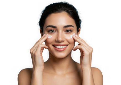 Smiling woman applying eye cream with fingers