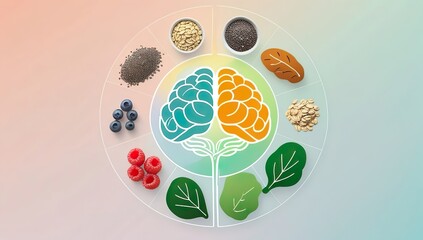 High-resolution 4K vector of fibre-rich foods forming a circular composition around glowing brain and gut illustration, soft pastel gradient, clean flat shapes, modern nutrition and wellness style.