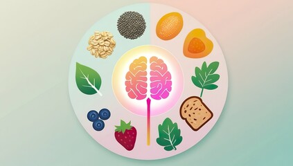Modern flat vector concept of fibremaxxing diet, balanced arrangement of oats, lentils, leafy greens, berries, chia seeds, wholegrain bread encircling simplified brain, gut icons, pastel wellness view