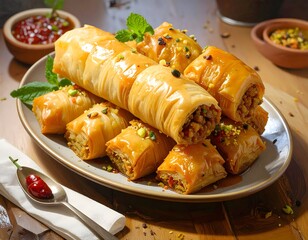 An elegant platter of assorted traditional baklava, a sweet and flaky pastry with nuts, garnished with fresh pistachios and mint.