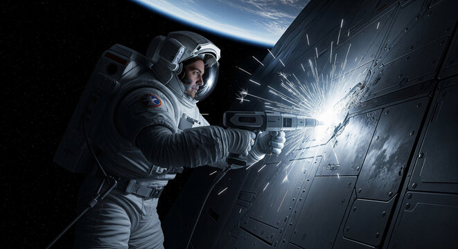 Astronaut Performing Spacewalk to Repair Spaceship Hull, Sci-fi Technology and Engineering Concept