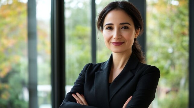 A professional portrait of a confident businesswoman or consultant in a black blazer, standing with her arms crossed against an office window. Her determined gaze and strict appearance ideally convey
 - Powered by Adobe
