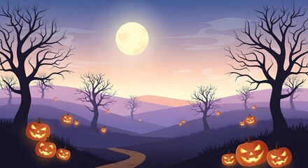 Enchanting Halloween Night: Jack-o'-lanterns Illuminate a Mystical Hillside Path under a Full Moon