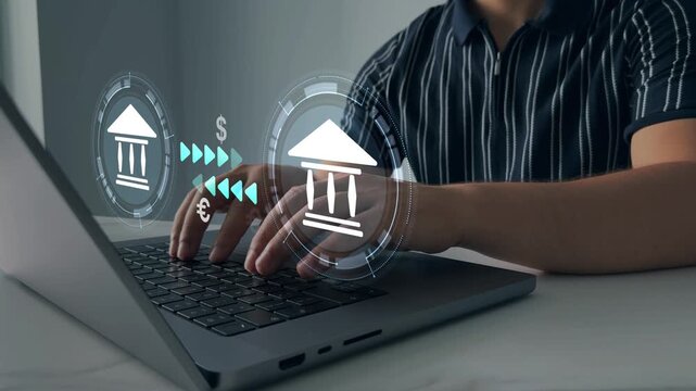 Banks financial transfer money. Bank transfer concept, showing currency connected global financial transactions.Online banking operations and interbank digital payment.