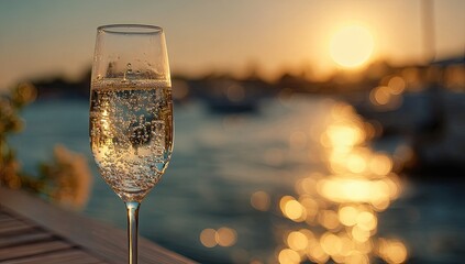 Sparkling wine glass at sunset harbor