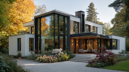 photography of a modern german average family house, huge garden window, smaller windows in the first floor, straight view