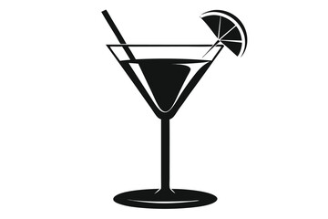 Black martini shows elegant drink with lemon and straw on white background