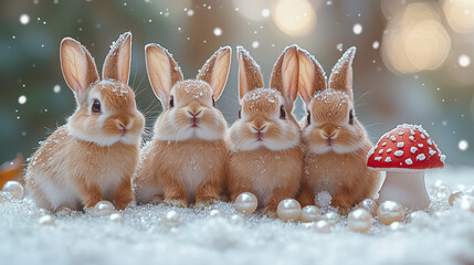 Four adorable fluffy rabbits sitting in a row in a snowy winter scene, a charming concept of friendship perfect for cute holiday greeting cards