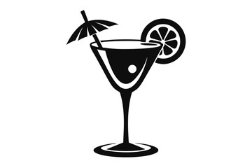 Martini glass complete with a paper umbrella and lemon slice against a white backdrop