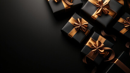 Luxurious black gift boxes with elegant gold ribbons on a dark background, a concept of premium gifting perfect for VIP events or holiday promotions