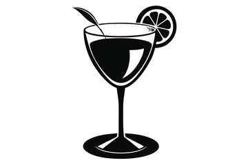 Black cocktail boasts a citrus garnish and elegant stem,