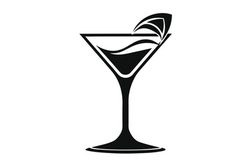 Elegant black martini glass filled with liquor and decorative garnish isolated on white