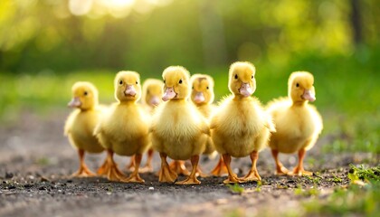 A delightful gathering of fluffy yellow ducklings on a sunny spring day outdoor