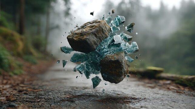 Blurred reflective glass fragments floating in a blue fog