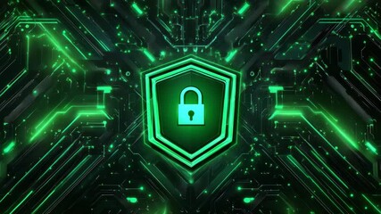 Glowing Green Padlock Shield Digital Circuit Cybersecurity Technology Secure Data Protection, Green Digital Padlock Cyber Security Shield Glowing Circuit Board Technology, Futuristic Encryption - Powered by Adobe