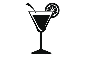 Black silhouette shows a cocktail glass with lemon wedge on white background