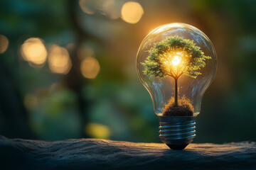 A lightbulb with a vibrant green tree growing inside, a powerful concept of green energy and sustainable innovation perfect for eco-friendly ideas