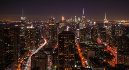 Cityscape at Night with Building Lights and Long Exposure Traffic Trails