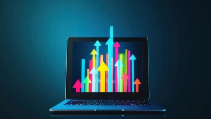 Colorful arrows growth chart and upward trend on laptop screen symbolize business success, digital data analysis, technology innovation, and financial performance in glowing modern style - Powered by Adobe