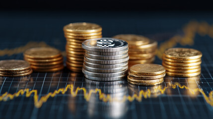 Neatly stacked gold and silver coins with financial chart in background
