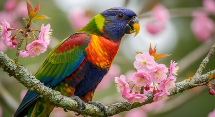 Vibrant rainbow lorikeet perched on a blossoming cherry branch, showcasing nature's brilliant color palette amidst the delicate pink blooms evoking a sense of springtime serenity and tranquility