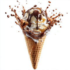 Vanilla ice cream cone with caramel and chocolate syrup splash